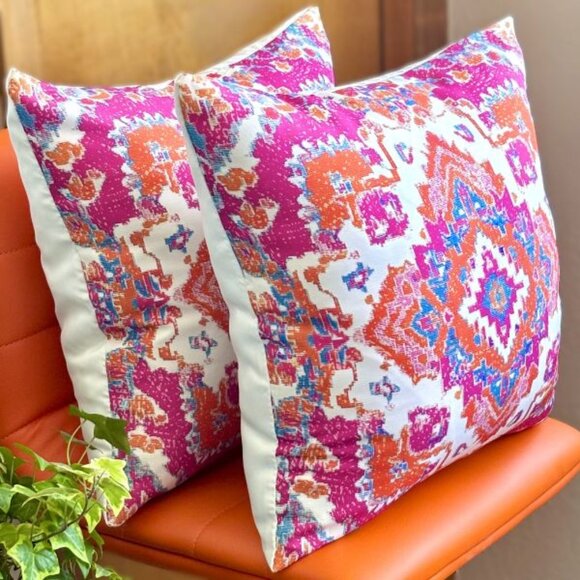Set/2 Vibrant Pink & Orange Persian Design Outdoor Patio Pillow Cushion Covers - Picture 4 of 4